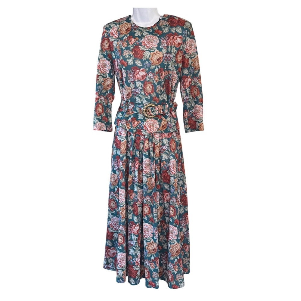 Vintage Stuart Alan Floral Midi Dress Cottagecore Dark Floral Romantic 80s